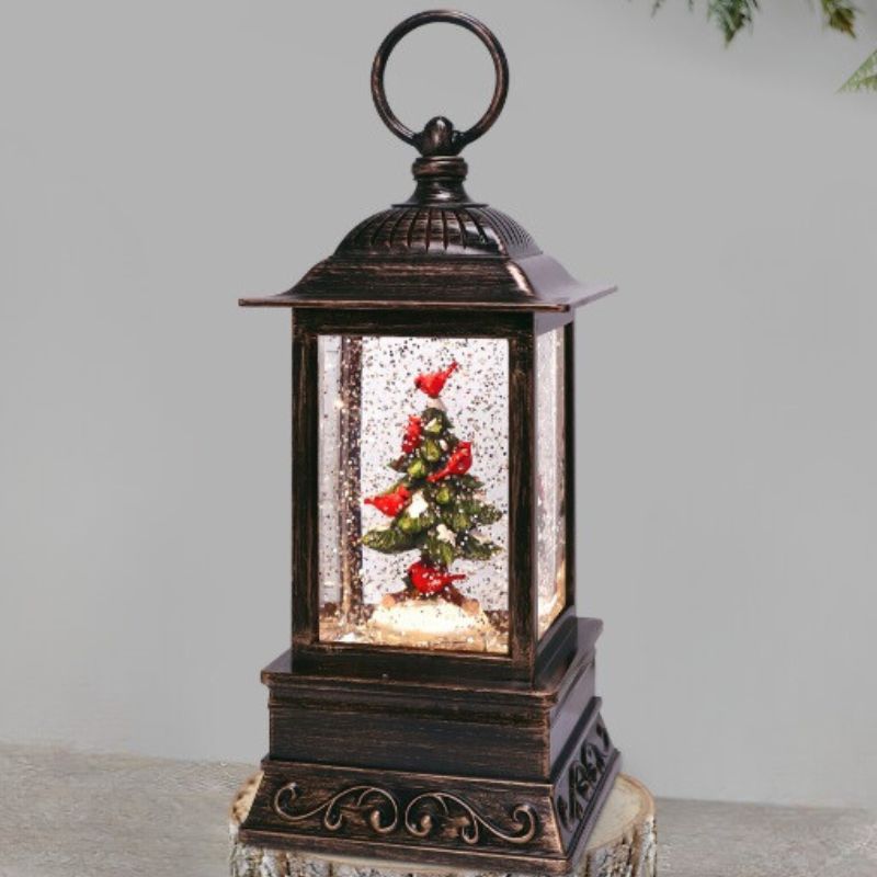 Tree w/Cardinals 10.5" Glitter Lantern